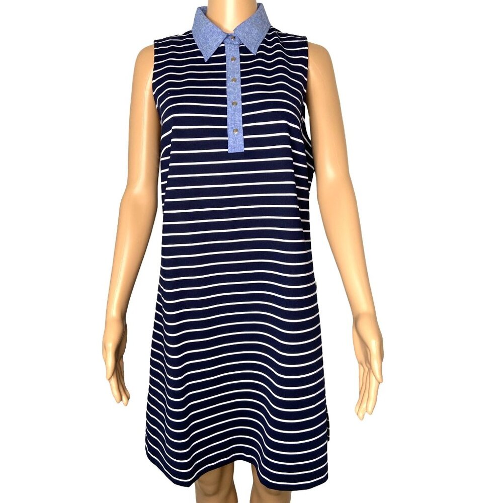 1901 Sleeveless Striped Polo Shirt Dress Navy Collared Petite Size 14P NWT